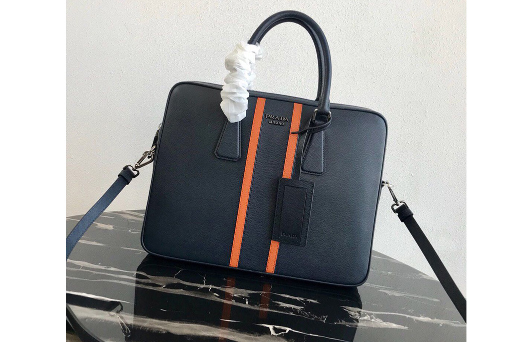 Prada 2VE368 Saffiano Leather Briefcase Bag in Navy Blue Saffiano leather With Orange Web