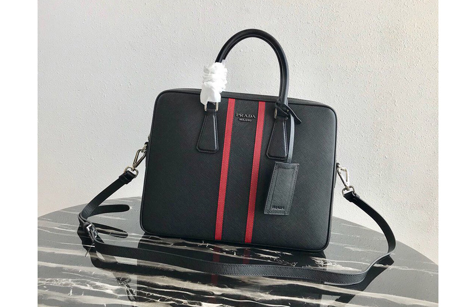 Prada 2VE368 Saffiano Leather Briefcase Bag in Black Saffiano leather With Red Web