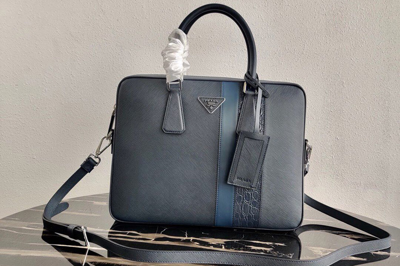 Prada 2VE368 Saffiano Leather Briefcase Bag in Navy Blue Saffiano leather With Blue Web