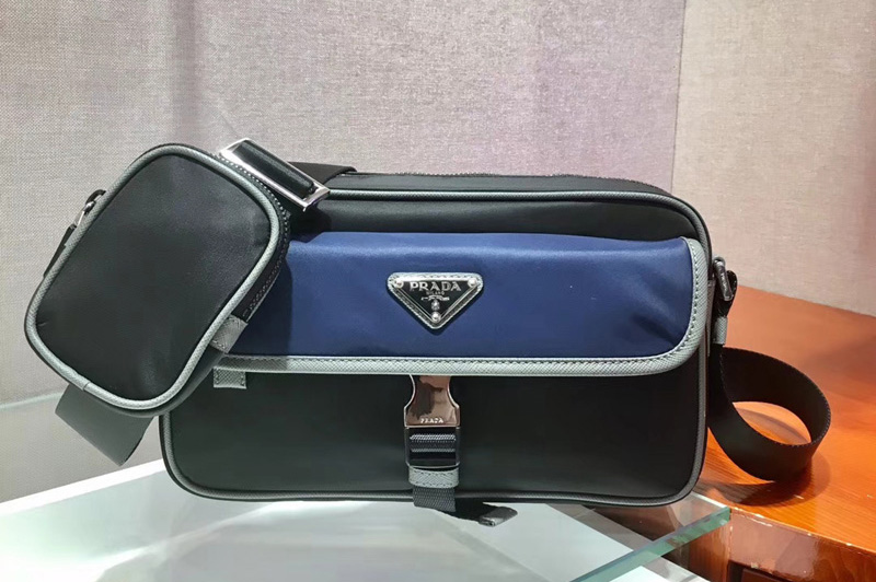 Prada 2VH074 Nylon and Saffiano leather shoulder bags Black/Blue Nylon