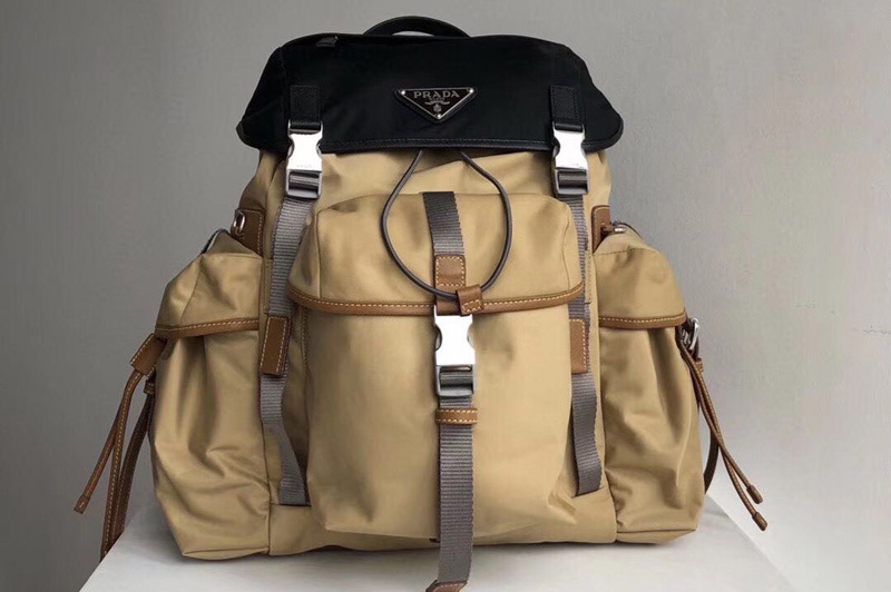 Prada 2VZ074 Nylon Backpack in Black and Apricot Technical fabric