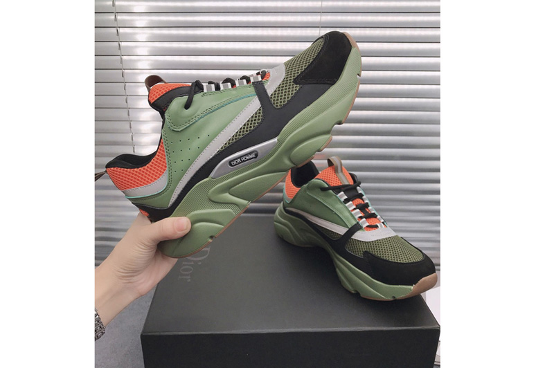 Dior 3SN231 B22 Sneaker in Green Calfskin with Black and Orange Technical Mesh