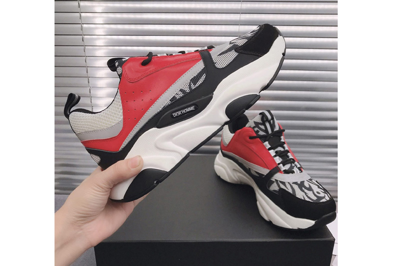 Dior 3SN231 B22 Sneaker in Red Calfskin with Gray Technical Mesh