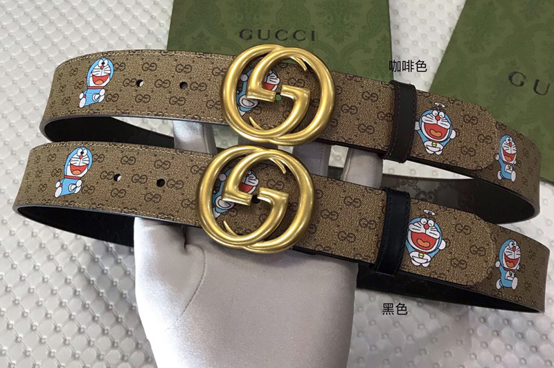 Gucci Doraemon x Gucci 38mm Belt GG Supreme canvas Black/Coffee Leather