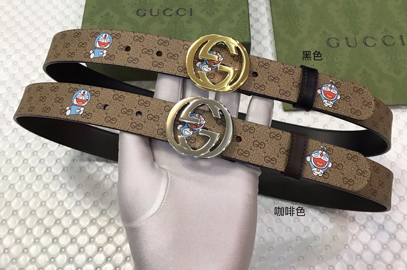 Gucci Doraemon x Gucci 30mm Belt GG Supreme canvas Black/Coffee Leather