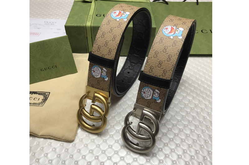 Gucci Doraemon x Gucci 38mm Belt GG Supreme canvas/Black Leather With Gold/Silver Buckle