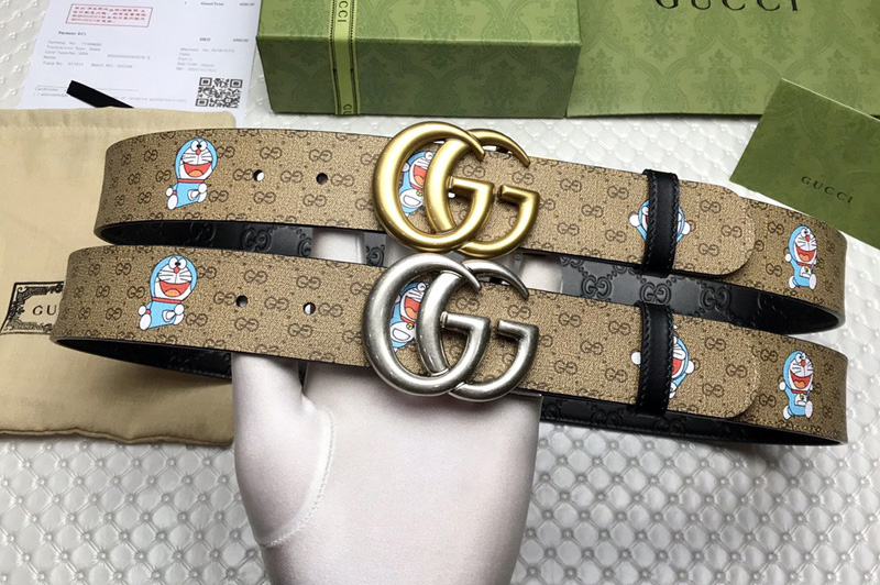 Gucci Doraemon x Gucci 38mm Belt GG Supreme canvas/Black Leather With Gold/Silver Buckle