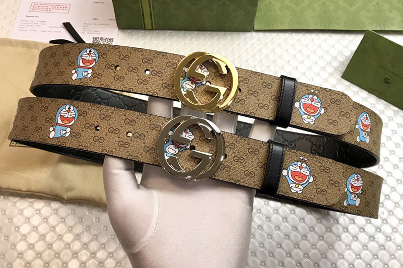 Gucci Doraemon x Gucci 38mm Belt GG Supreme canvas/Black Leather With Gold/Silver Buckle