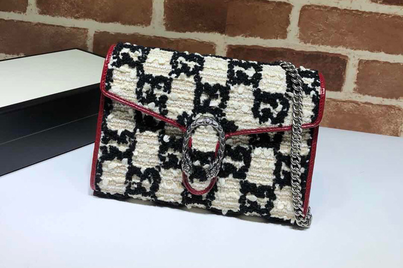 Gucci 401231 Dionysus mini leather chain bag in White and black GG tweed