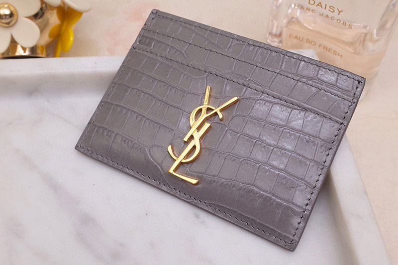 Saint Laurent YSL 423291 Monogram Card Case In Gray Shiny Crocodile Embossed Leather Gold YSL