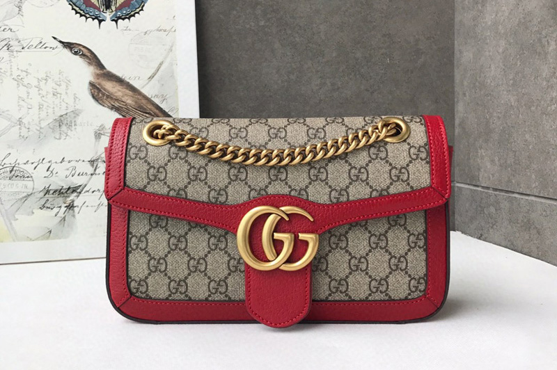 Gucci 443497 GG Marmont small shoulder bag in Beige/ebony GG canvas with Red Leather