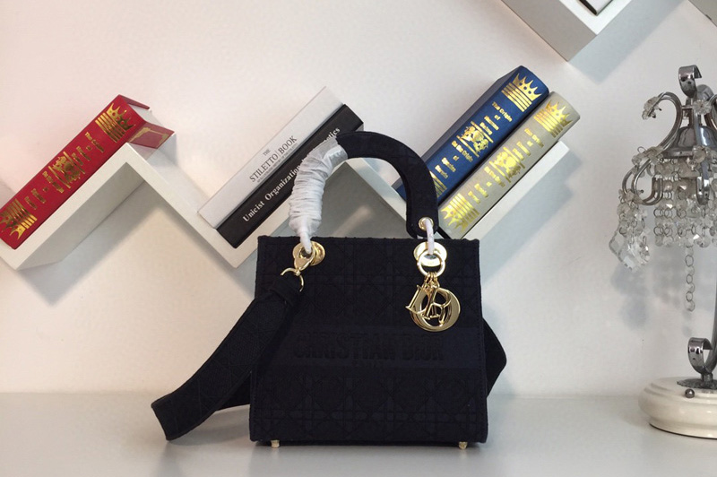 Dior M0565 Medium Bois De Black Lady D-lite Embroidered Cannage Bag With Gold Hardware