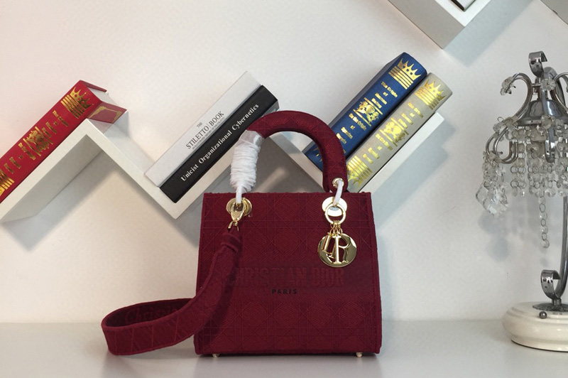 Dior M0565 Medium Bois De Bordeaux Lady D-lite Embroidered Cannage Bag With Gold Hardware