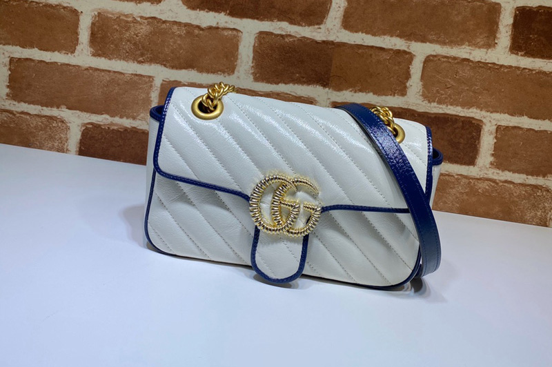 Gucci 446744 GG Marmont matelasse mini bag in White Leather With Dark blue leather trim