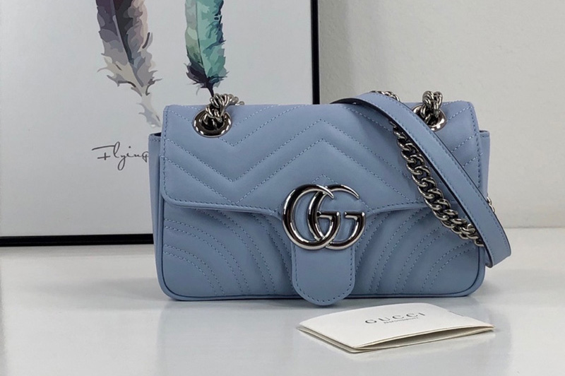 Gucci 446744 GG Marmont mini bag in Pastel Blue matelasse chevron leather with heart