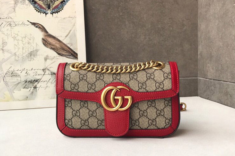 Gucci 446744 GG Marmont mini bag in Beige/ebony GG canvas with Red Leather