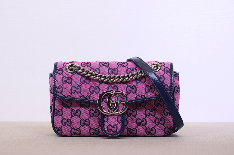 Gucci 446744 GG Marmont mini shoulder bag in Pink and blue diagonal matelassé GG canvas