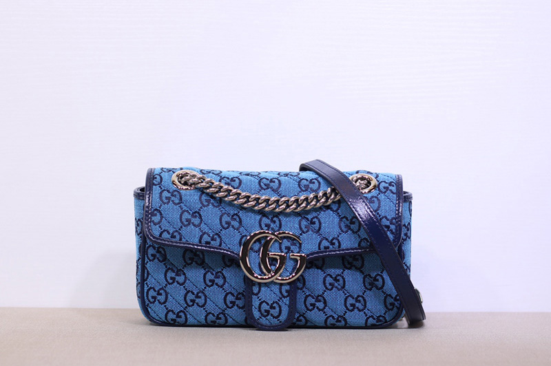Gucci 446744 GG Marmont mini shoulder bag in Blue and blue diagonal matelassé GG canvas