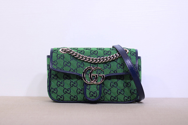 Gucci 446744 GG Marmont mini shoulder bag in Green and blue diagonal matelassé GG canvas