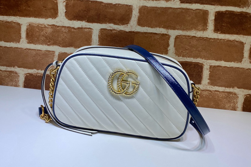 Gucci 447632 GG Marmont small shoulder bag in White Leather With Dark blue leather trim