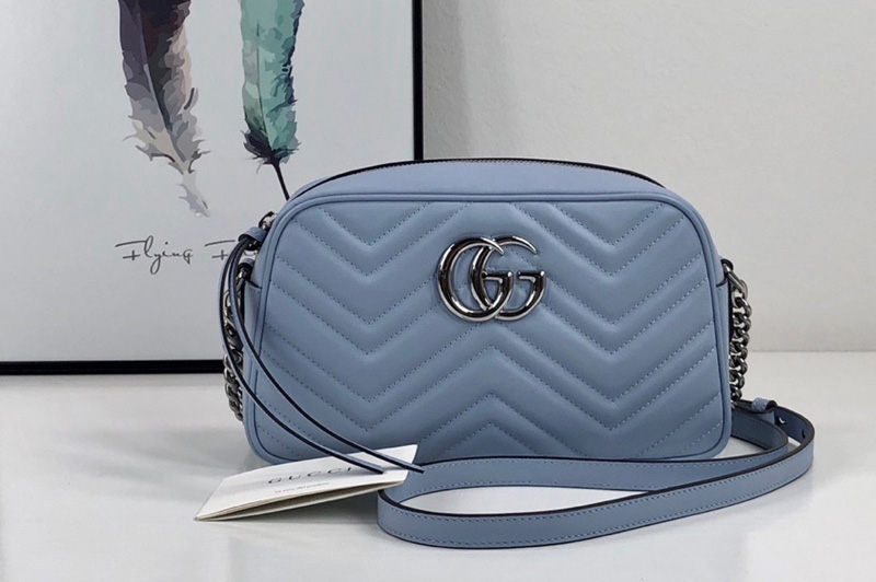Gucci 447632 GG Marmont small shoulder bag in Pastel Blue matelasse chevron leather with GG