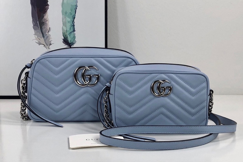 Gucci 448065 GG Marmont matelasse mini bag in Pastel Blue matelasse chevron leather with GG