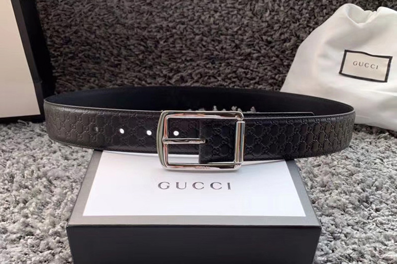 Men's Gucci 449716 40mm Gucci Signature belt with Silver GG Buckle in Black Signature leather