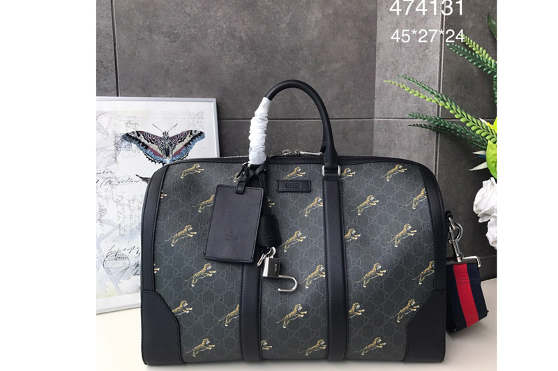 Gucci 474131 GG Black carry-on duffle Bags with Tiger Print Black/grey soft GG Supreme