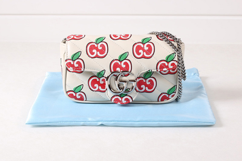 Gucci 476433 Chinese Valentine's Day GG Marmont super mini bag in GG apple print white diagonal matelassé leather