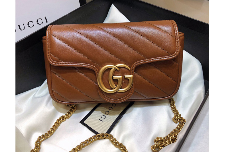 Gucci 476433 GG Marmont matelassé super mini bag in Brown diagonal matelassé leather