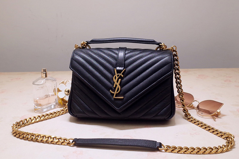 Saint Laurent 487213 YSL COLLEGE Medium Bag IN Black MATELASSÉ LEATHER With Gold Hardware