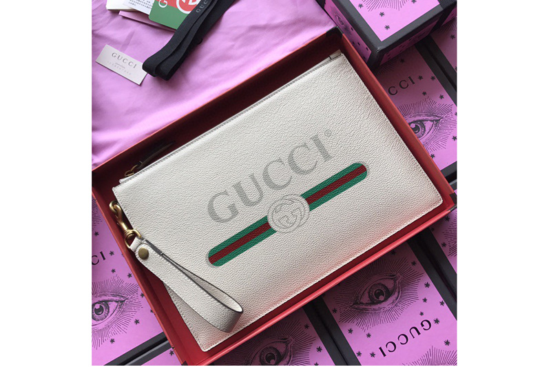 Gucci 495011 Print leather pouch with Gucci vintage logo in White Leather