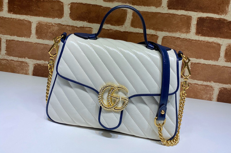 Gucci 498110 GG Marmont small top handle bag in White Leather With Dark blue leather trim