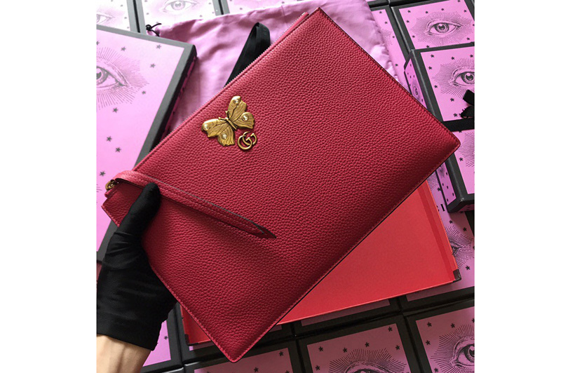 Gucci 499360 Embroidered leather pouch With Butterfly in Red Leather