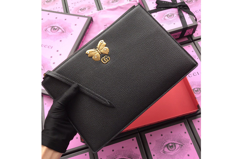 Gucci 499360 Embroidered leather pouch With Butterfly in Black Leather