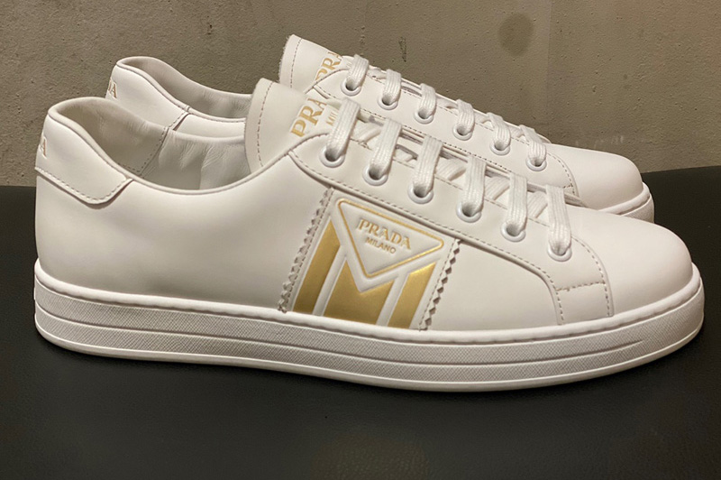 Prada 4E3544 New Avenue Leather Sneakers in White calf leather With Gold Logo