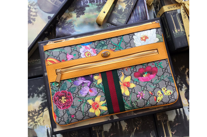 Gucci 517551 Ophidia GG Flora pouch in Beige/ebony GG Supreme canvas With Yellow Leather