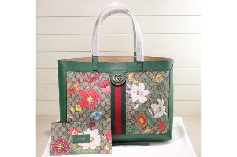 Gucci 547947 Ophidia GG Flora medium tote Bag in Beige/ebony GG Supreme canvas