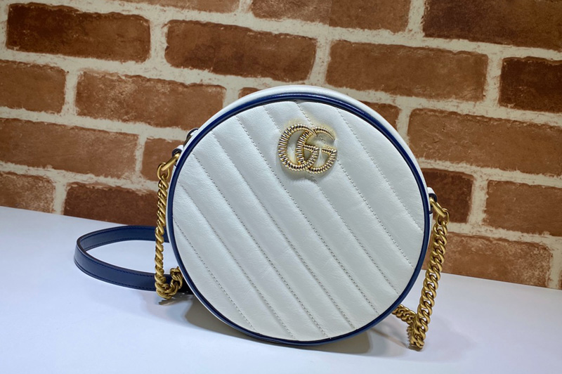 Gucci 550154 GG Marmont mini round shoulder bag in White Leather With Dark blue leather trim