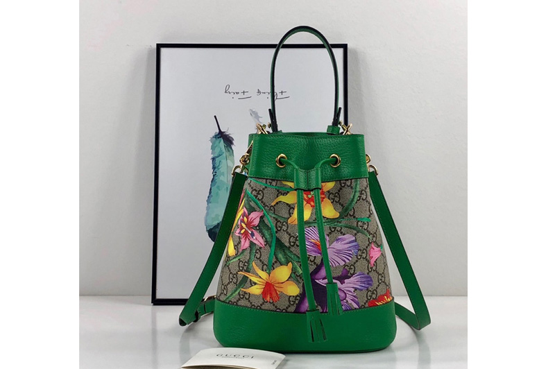 Gucci ‎550621 Online Exclusive Ophidia GG Flora small bucket bag Green/GG Supreme canvas with Flora print