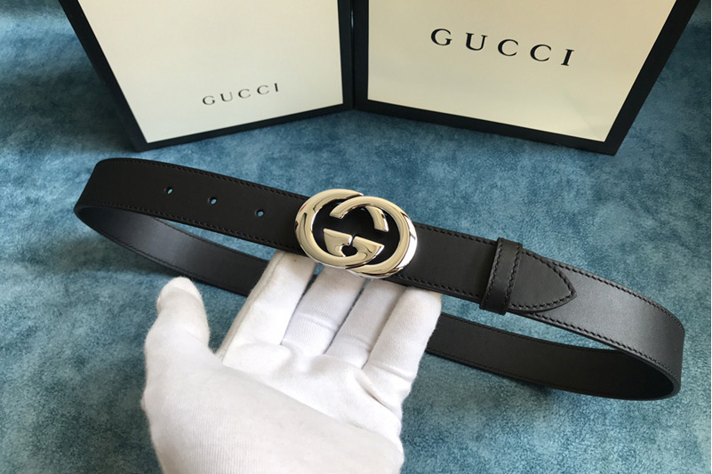 Gucci 574807 30mm Belt with Silver Interlocking G buckle in Black Leather