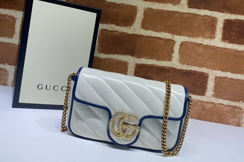 Gucci 574969 GG Marmont super mini bag in White Leather With Dark blue leather trim