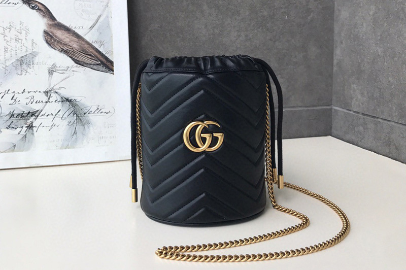 Gucci 575163 GG Marmont mini bucket bag Black matelasse chevron leather