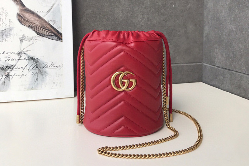 Gucci 575163 GG Marmont mini bucket bag Red matelasse chevron leather