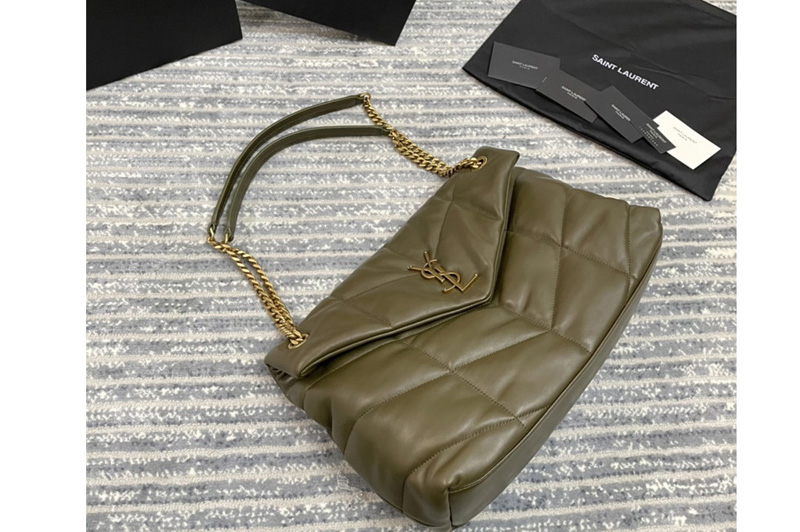Saint Laurent 577475 YSL Loulou Puffer Medium Bag in Green Quilted Lambskin Leather With Gold Buckle