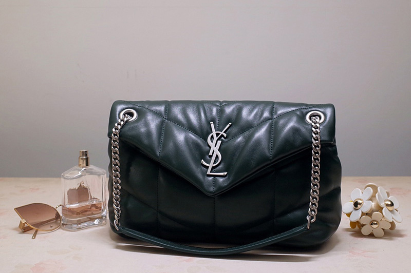 Saint Laurent 577476 YSL LOULOU PUFFER SMALL BAG IN Green QUILTED LAMBSKIN With Silver Hardware