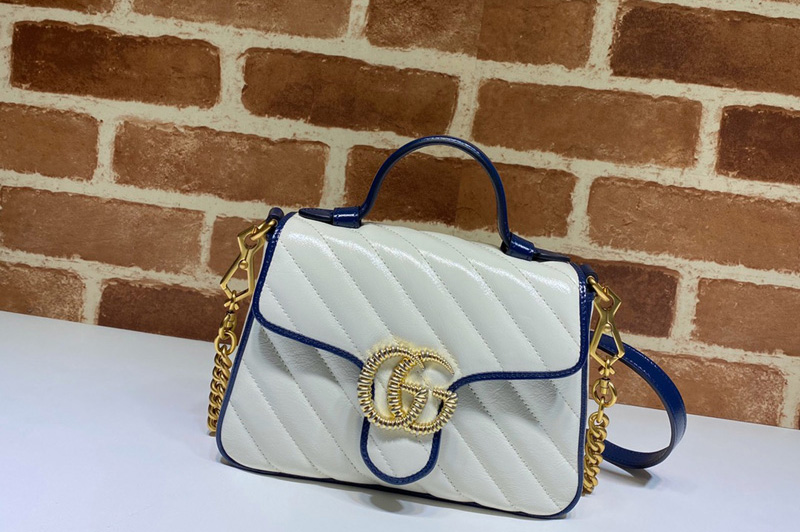 Gucci 583571 GG Marmont mini top handle bag in White Leather With Dark blue leather trim