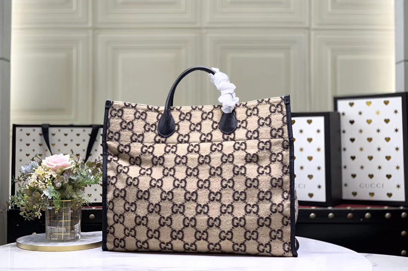 Gucci 598169 GG wool tote Bags in Beige and ebony GG wool