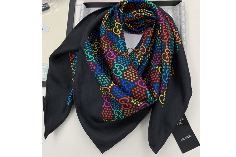Gucci 601309 GG Psychedelic print silk scarf in Black