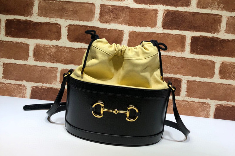 Gucci 602118 GG 1955 Horsebit bucket bag Black/Butter textured leather